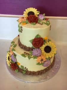 Two-tiered Buttercream Fall Flowers Wedding Cake