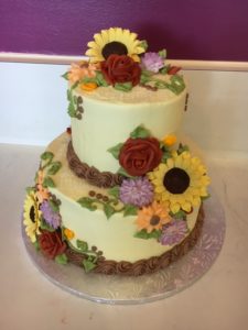 Two-tiered Buttercream Fall Flowers Wedding Cake