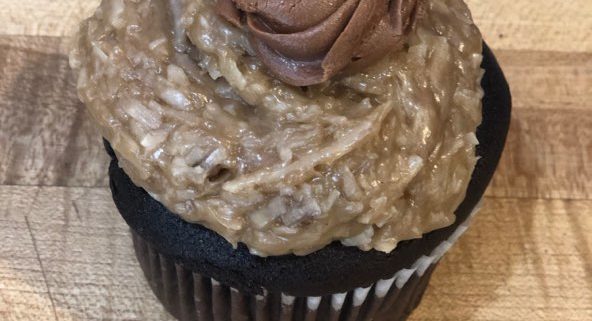 German chocolate cupcake (chocolate cake topped with coconut and German chocolate icing)