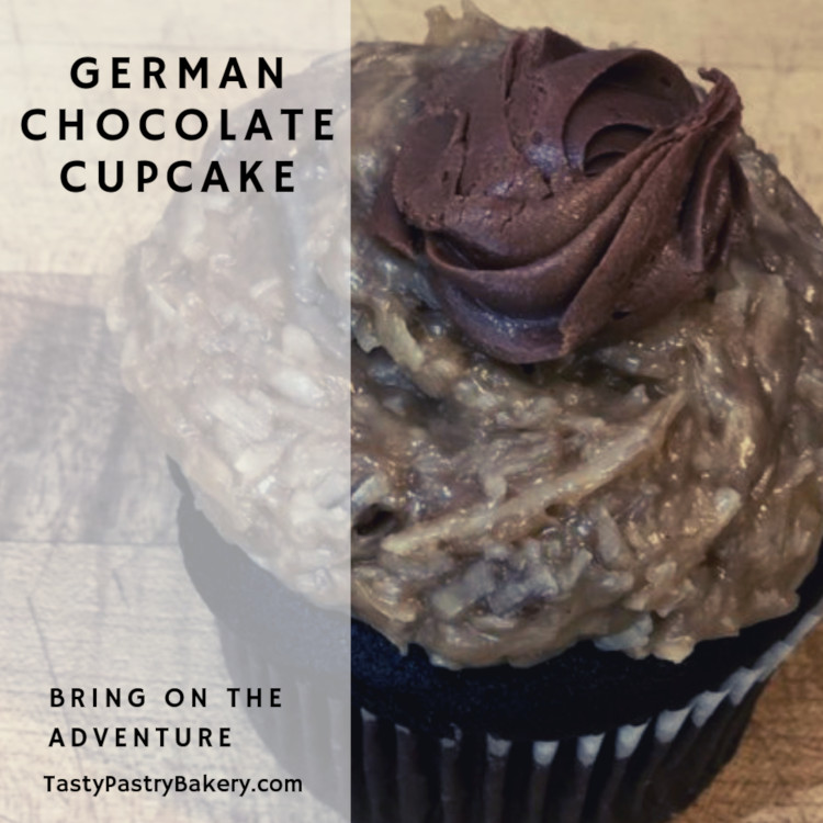 German Chocolate Cupcake (Text: "German Chocolate Cupcake. Bring on the Adventure.")