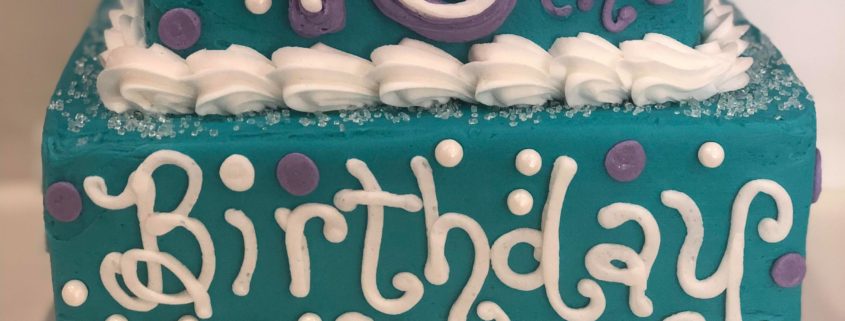 Tasty Pastry Custom Cakes: Sixteenth birthday cake with turquoise icing & white/purple icing decor